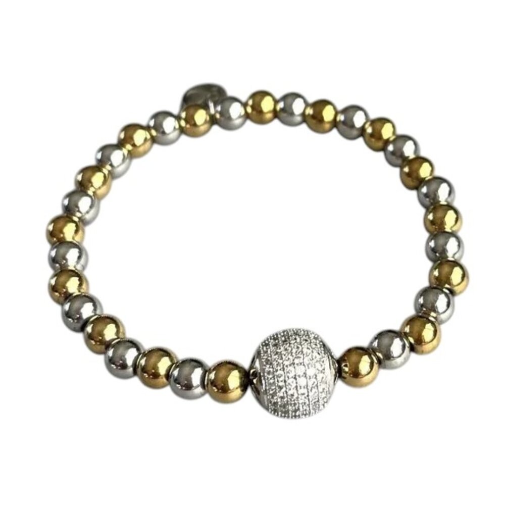 Rustic Cuff Gold and Silver Stainless Beads Pave Focal Bead Stretch Bracelet